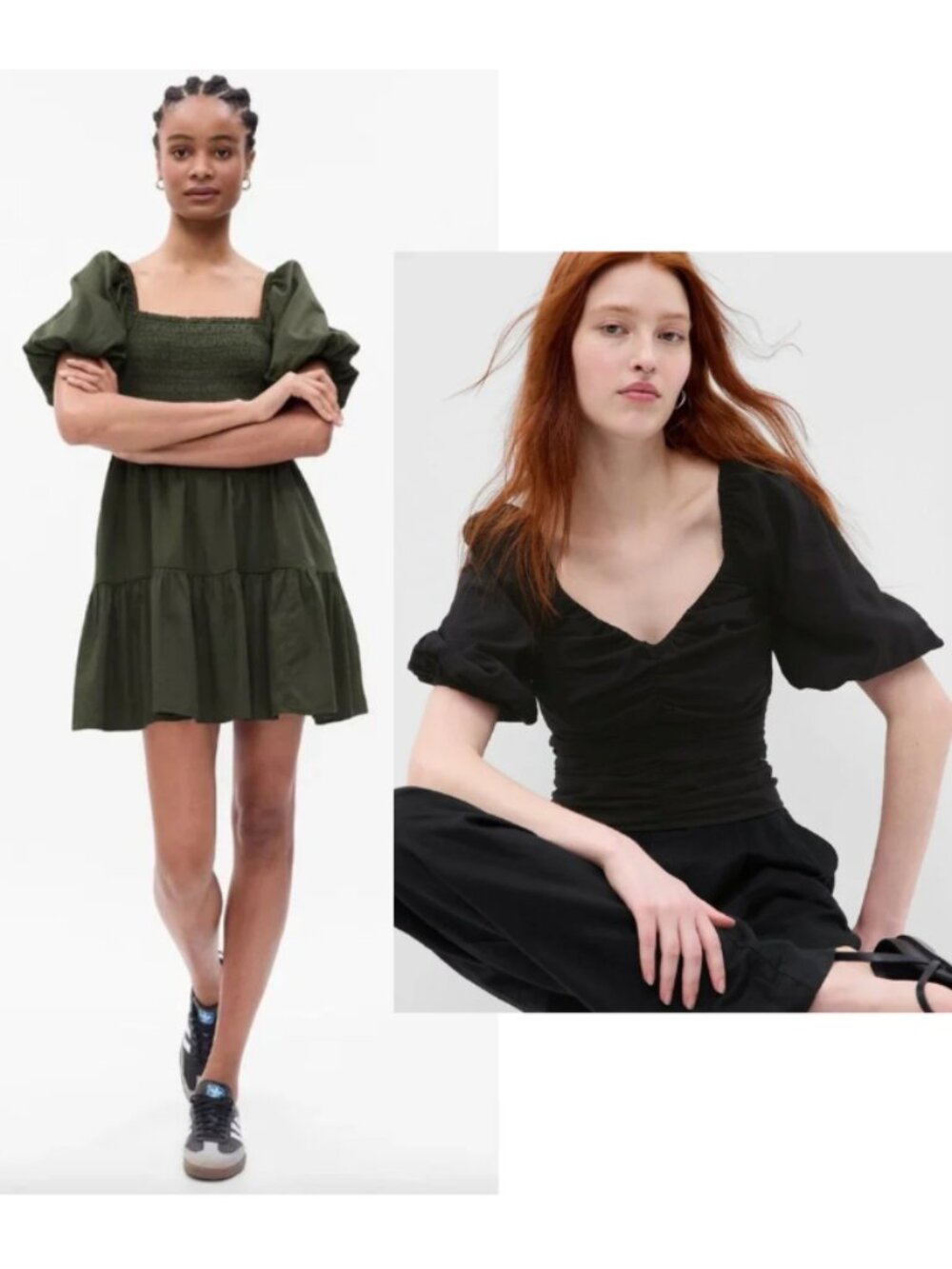 Lot of 2 - GAP Puff Sleeve Mini Smocked Green Dress & Black Blouse Sz. XS / P